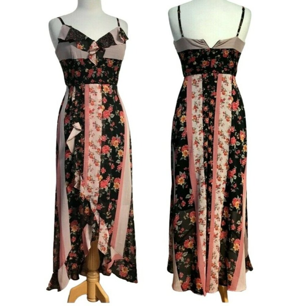 Kensie Black Garden Floral Flutter Ruffle Sleeveless Hi-Low Maxi Dress Sz 4 NEW